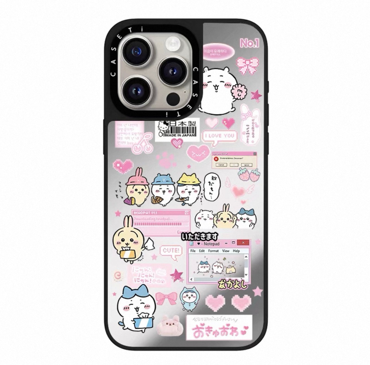 Japanese Cartoon ChiiKawa Transparent Black Frame & Mirror Phone Case | Fun Daily with Heart Version - iPhone Case 12 13 14 15 16 17 Pro Promax