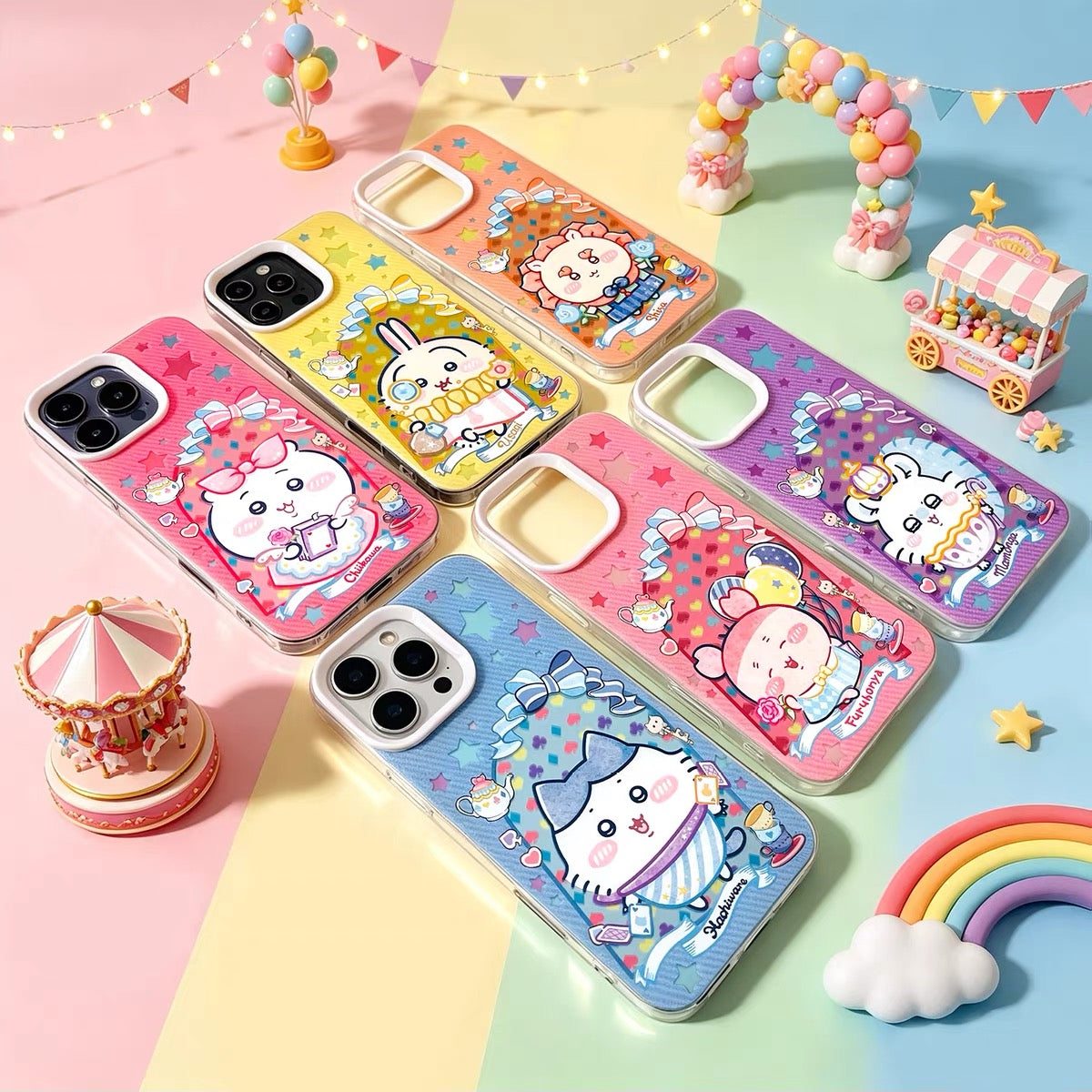 Japanese Cartoon ChiiKawa Happy Amusement Park Laser Case | Chiikawa Hachiware Usagi Momonga Shisa Crab - Phone Case Samsung Galaxy S26 S25 S24 S23 S22 S21 FE Ultra Edge