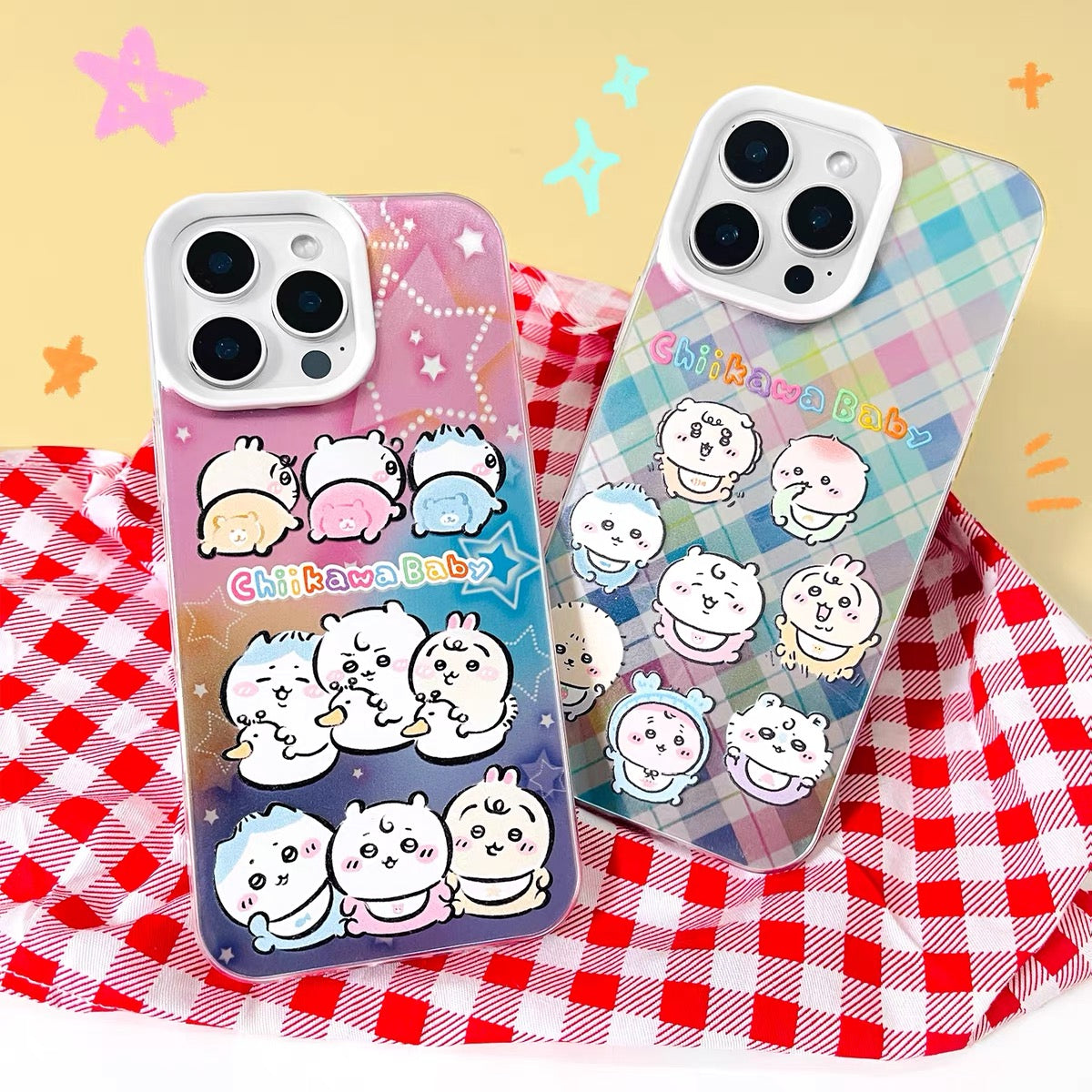 Japanese Cartoon ChiiKawa Baby Laser Case | Colourful Plaid & Star 2 Styles - Phone Case Samsung Galaxy S26 S25 S24 S23 S22 S21 FE Ultra Edge