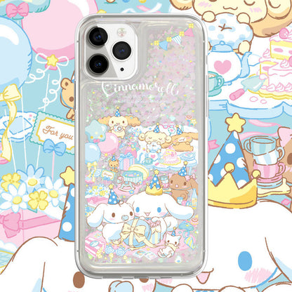 Japanese Cartoon Cinnamoroll Tea Party - Silver Pink Heart Glitter QuickSand iPhone Case 6 7 8 PLUS SE2 XS XR X 11 12 13 14 15 Pro Promax 12mini 13mini