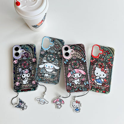 Japanese Cartoon Sanrio iPhone Case with Strap | Laser Glass Window Hello Kitty My Melody Kuromi Cinnamoroll - iPhone Case 7 8 PLUS SE2 XS XR X 11 12 13 14 15 Pro Promax 12mini 13mini