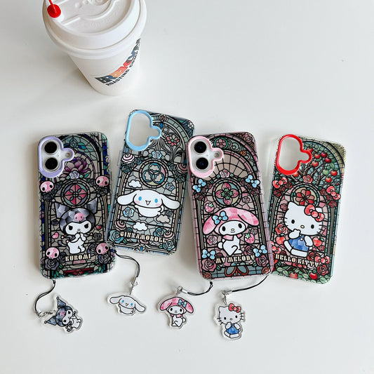 Japanese Cartoon Sanrio iPhone Case with Strap | Laser Glass Window Hello Kitty My Melody Kuromi Cinnamoroll - iPhone Case 7 8 PLUS SE2 XS XR X 11 12 13 14 15 Pro Promax 12mini 13mini