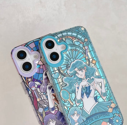 Japanese Cartoon Sailor Moon Phone Case with Strap Comic Version | Laser Glass Window Sailor Uranus Neptune Pluto Saturn Chibi Moon - Phone Case Samsung Galaxy S26 S25 S24 S23 S22 S21 FE Ultra Edge