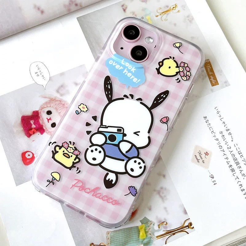 Japanese Cartoon Sanrio Pochacco | Pink Camera & White Traveling - iPhone Case 13 14 15 Pro Promax