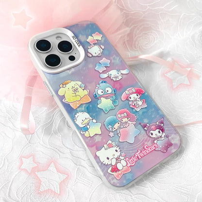 Japanese Cartoon Sanrio Pastel Starry Party Laser Case | Hello Kitty Lttle Twin Stars My Melody Kuromi Cinnamoroll Pompompurin Hangyodon AhirunoPekkle Cogimyun - iPhone Case 11 12 13 14 15 16 16e 17 17e 18 Pro Promax