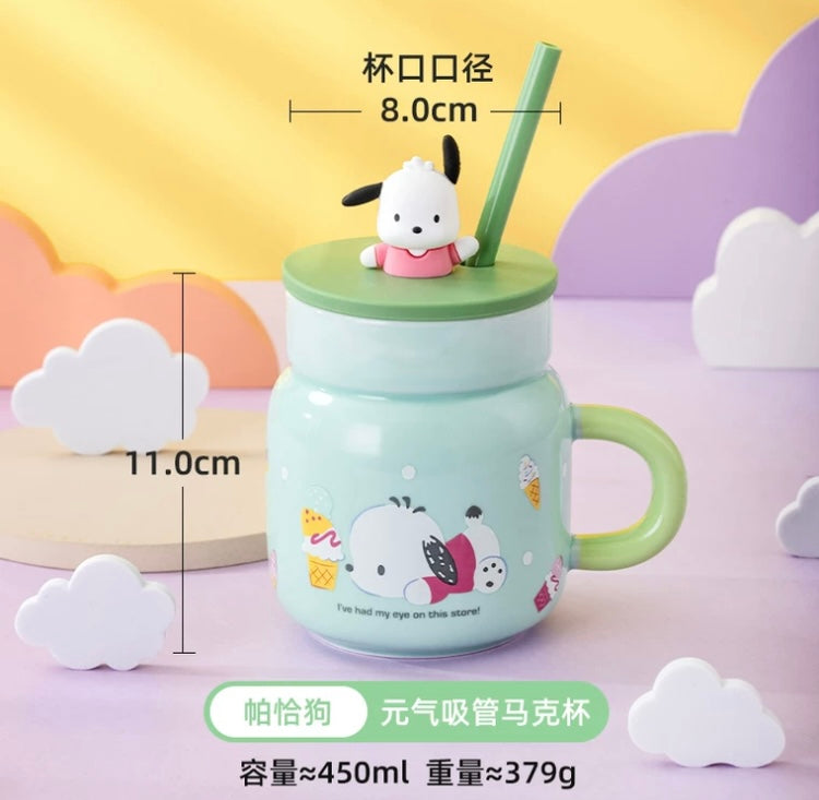 Sanrio Ceramic Mug with Cup Lid & Straw | Hello Kitty My Melody Kuromi Cinnamoroll Pochacco - Cup Drinkware