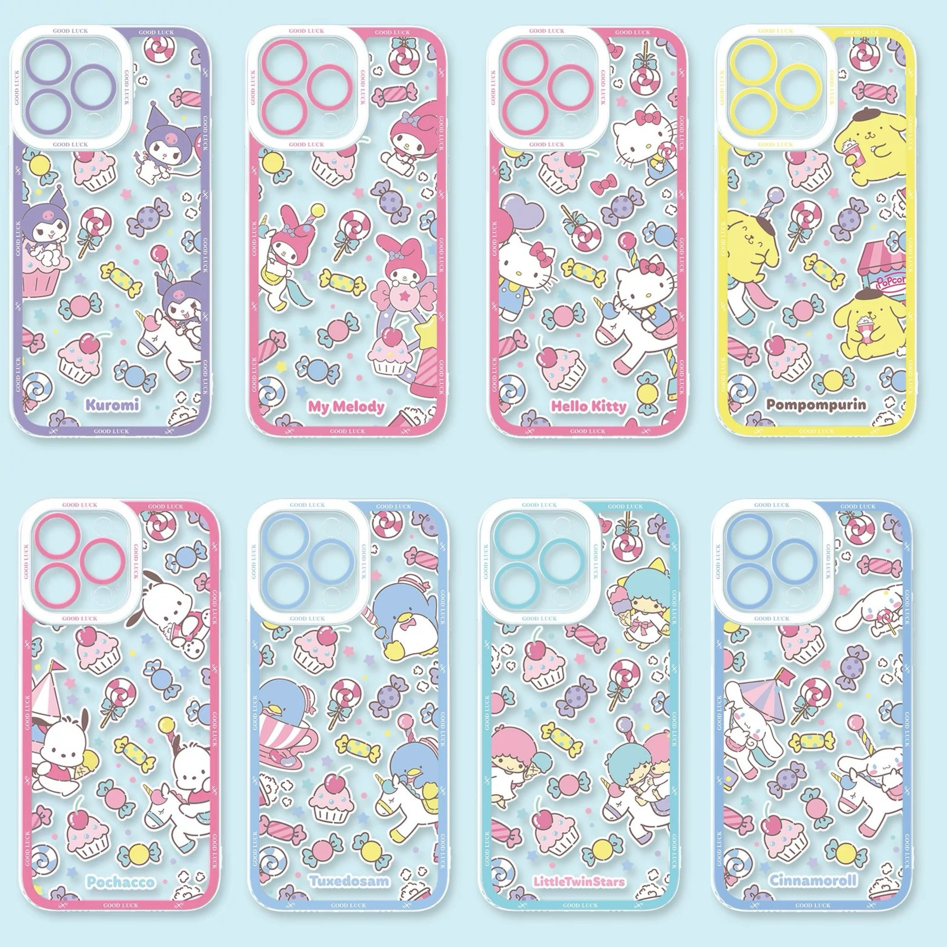 Japan Cartoon Sanrio Full Screen Sweets Pastel Style | Kuromi My Melody Hello Kitty Pompompurin Pochacco Tuxedosam Little Twin Stars Cinnamoroll - iPhone Case PLUS SE2 XS XR X 11 12 13 14 15 16 16e 17 17e Pro Promax 12mini 13mini