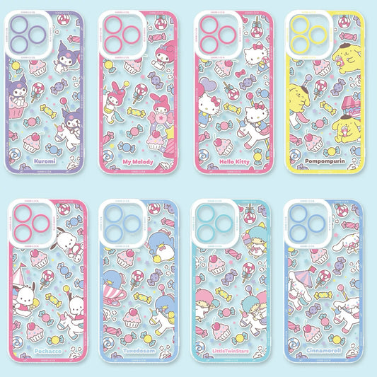 Japan Cartoon Sanrio Full Screen Sweets Pastel Style | Kuromi My Melody Hello Kitty Pompompurin Pochacco Tuxedosam Little Twin Stars Cinnamoroll - iPhone Case PLUS SE2 XS XR X 11 12 13 14 15 16 16e 17 17e Pro Promax 12mini 13mini