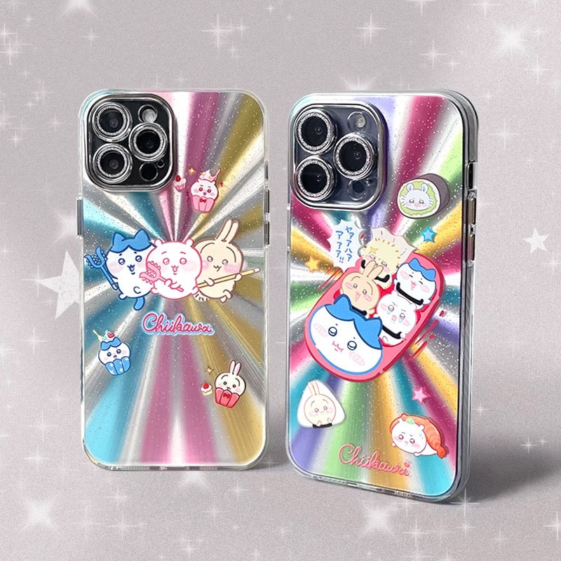 Japanese Cartoon ChiiKawa | Sushi Car & Fighting Chiikawa Hachiware Usagi Rainnbow Light Laser - iPhone Case 11 12 13 14 15 16 Pro Promax