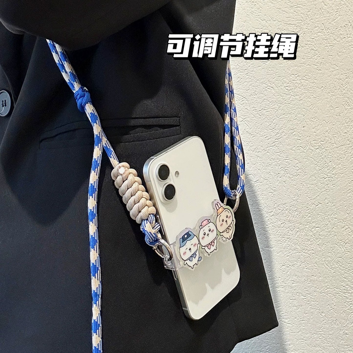 Japanese Cartoon Phone Back Clip with Phone Lanyard | Chiikawa Blue & Beige - for All Smart Phones