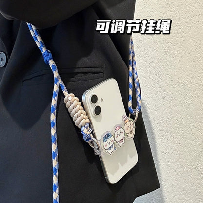 Japanese Cartoon Phone Back Clip with Phone Lanyard | Chiikawa Blue & Beige - for All Smart Phones