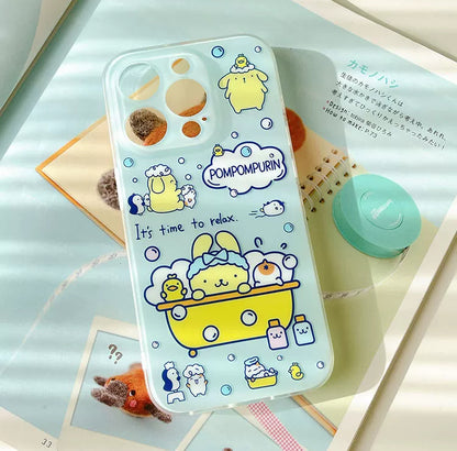 Japanese Cartoon Pompompurin Bathing Matt Blue iPhone Case 15 Pro Promax