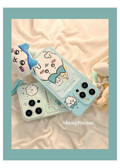 Japanese Cartoon Chiikawa | ChiiKawa Hachiware Usagi Happy Good with Card Holder & Handle Strap - iPhone Case 11 12 13 14 15 16 17 Pro Promax