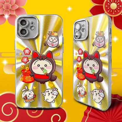 Japanese Cartoon ChiiKawa Folklore Kitsune Gold Laser Case | ChiiKawa Hachiware Usagi Momonga - iPhone Case 11 12 13 14 15 16 16e 17 17e Pro Promax