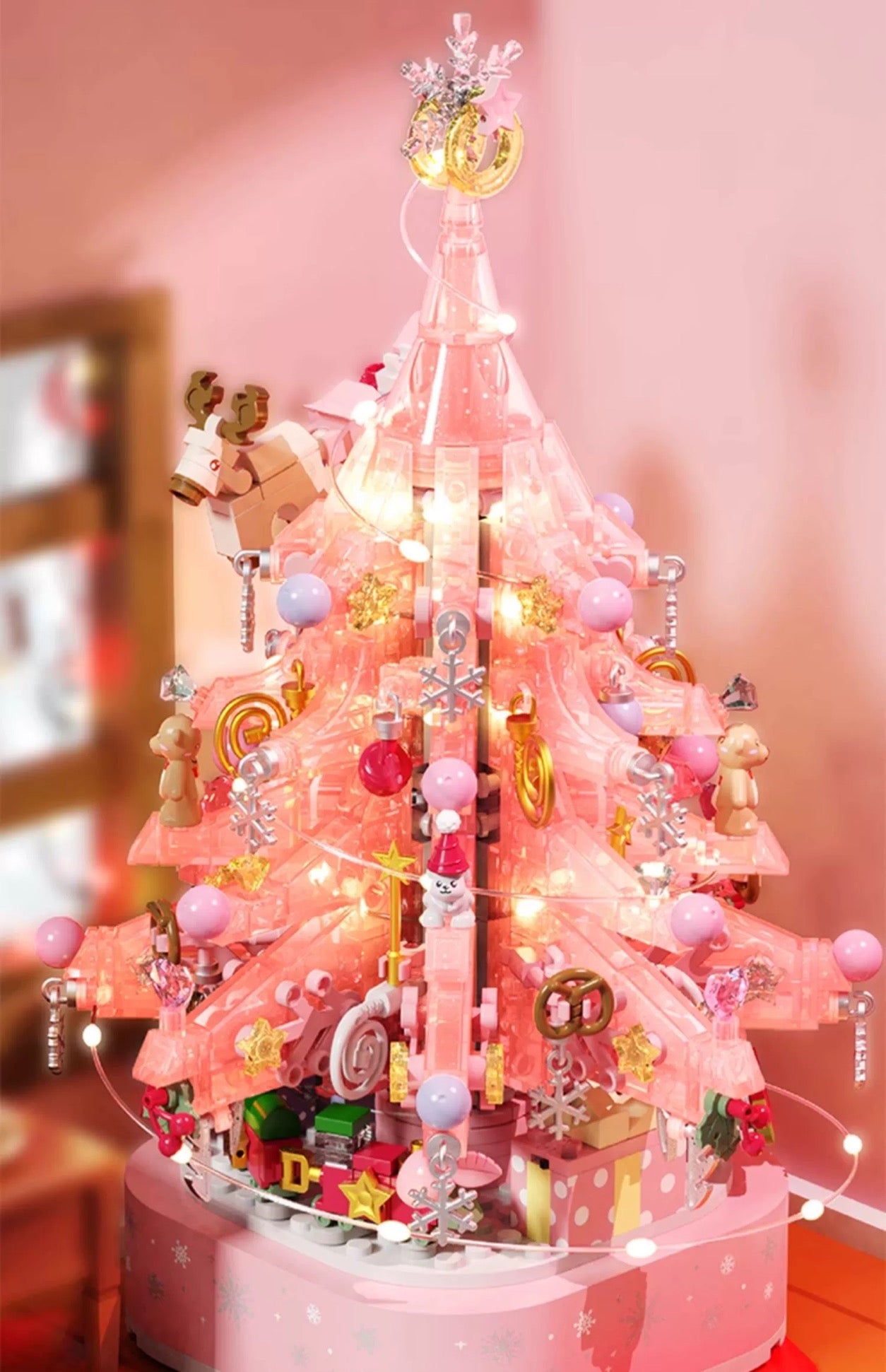Mini Block Building Block Crystal Christmas Tree Music Box | Pink - DIY Handmade Xmas Gift