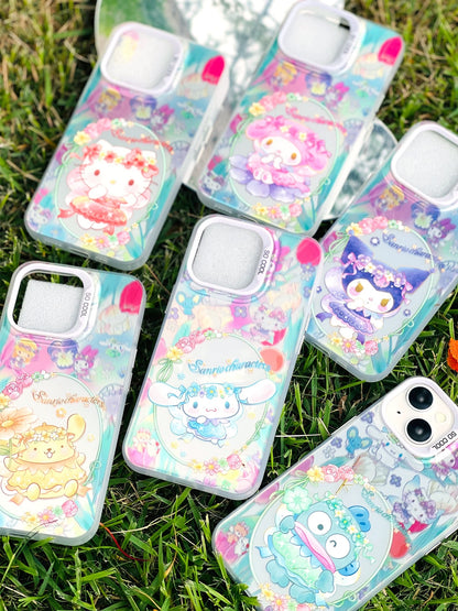 Japanese Cartoon Sanrio Spring Flower Fairy | Hello Kitty My Melody Kuromi Cinnamoroll Pompompurin Hangyodon Laser Silver - iPhone Case 11 12 13 14 15 16 16e Pro Promax - KawaiiGiftLand