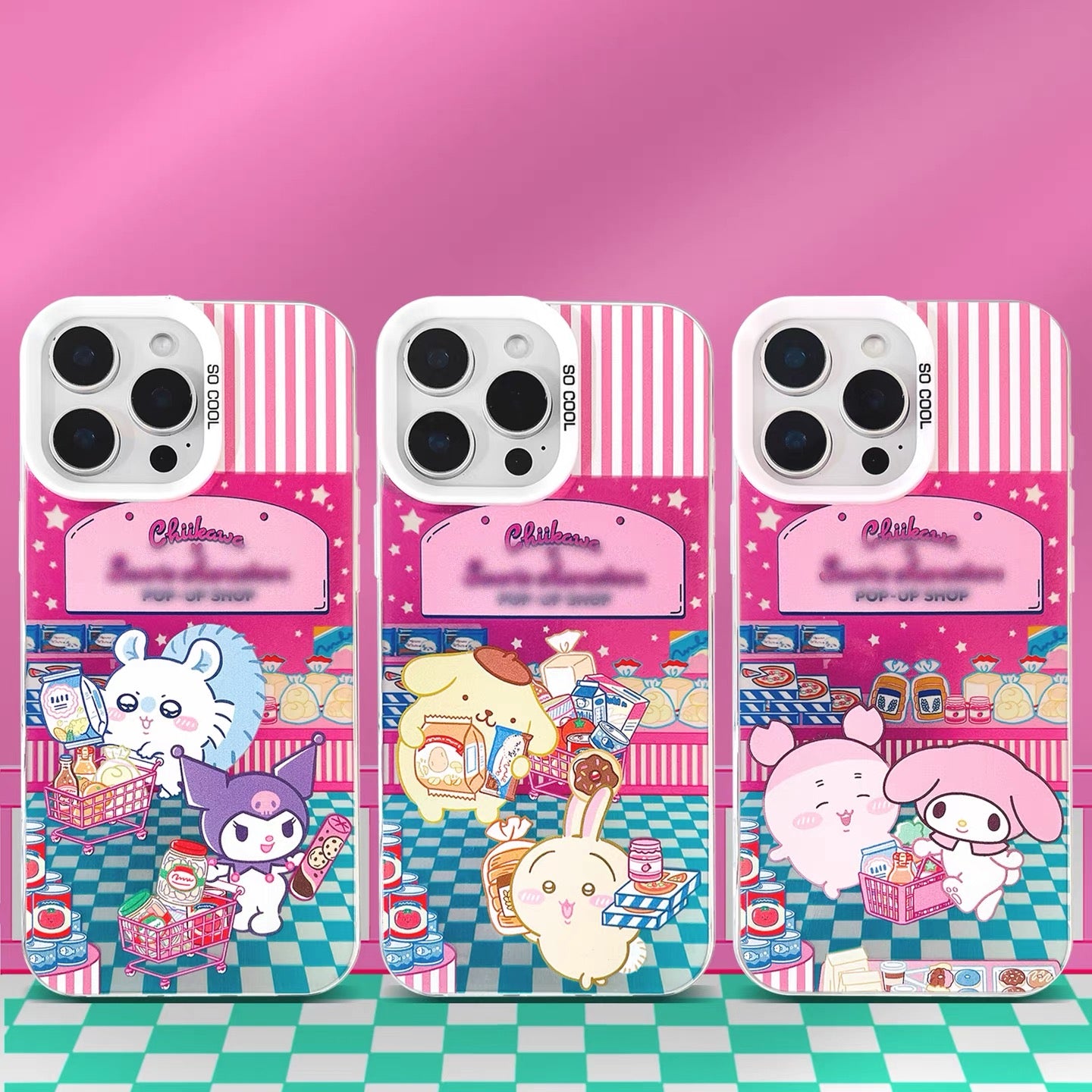 Japanese Cartoon ChiiKawa x Sanrio Pop Up Store Laser Case | Chiikawa Hachiware Usagi Momonga Shisa Crab 6 Styles - iPhone Case 11 12 13 14 15 16 16e 17 17e Pro Promax