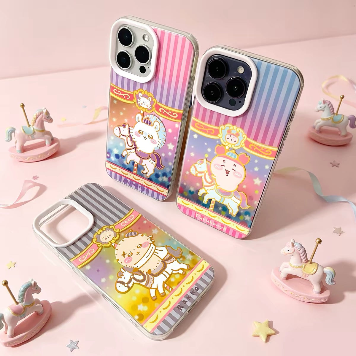Japanese Cartoon ChiiKawa Go Round Laser Case | Merry Go Round with Momonga Kurimanju Rakko Shisa Crab - iPhone Case 11 12 13 14 15 16 16e 17 17e Pro Promax