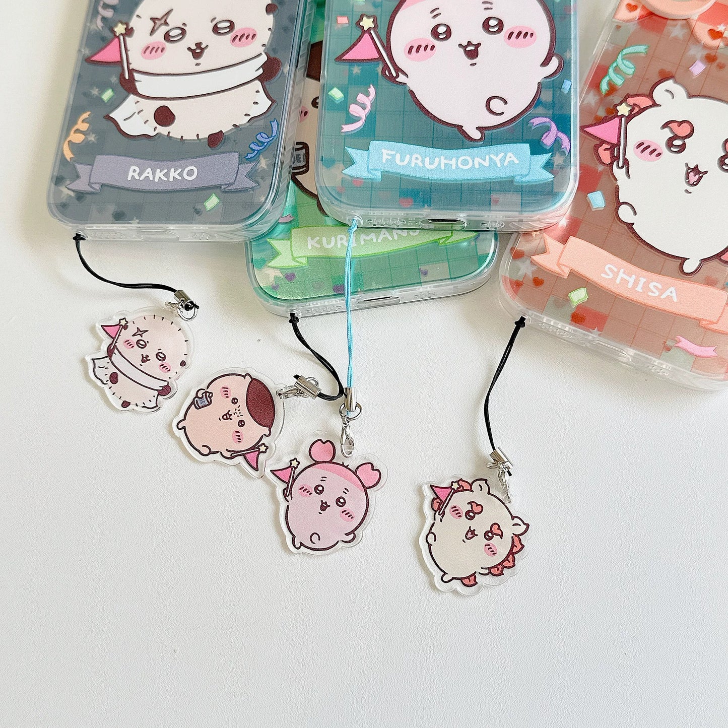 Japanese Cartoon ChiiKawa iPhone Laser Case with Strap | Happy Party Rakko Kurimanju Shisa Furuhonya - iPhone Case PLUS SE2 11 12 13 14 15 16 16e 17 17e Pro Promax 12mini 13mini