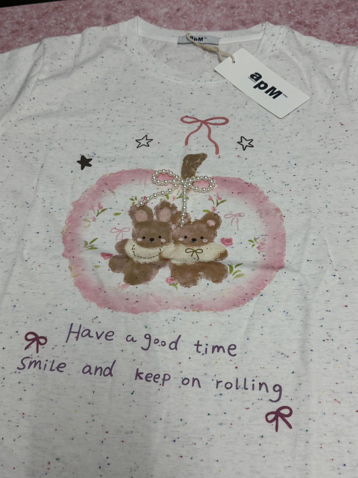 Korean Fashion Cute Animals Style T-Shirt Series | Pearl Ribbon Apple with Teddy Bear & Rabbit - Kawaii Fashion Items