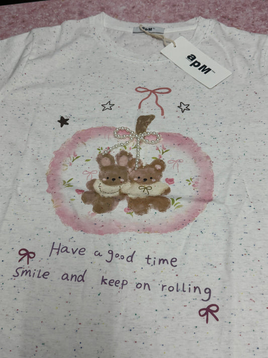 韓国ファッションキュートアニマルスタイルTシャツシリーズ | パールリボンアップルとテディベア＆ラビット - カワイイファッションアイテム