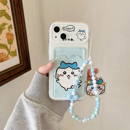 Japanese Cartoon Chiikawa | ChiiKawa Hachiware Usagi Happy Outing with Card Holder & Handle Strap - Phone Case Samsung Galaxy S25 S24 S23 S22 S21 FE Ultra Edge