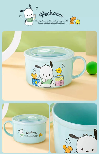 Sanrio Ceramic Bowl with Plastic Cover | Hello Kitty My Melody Kuromi Cinnamoroll Pompompurin Pochacco - Rice Noodles Bowl Food Box