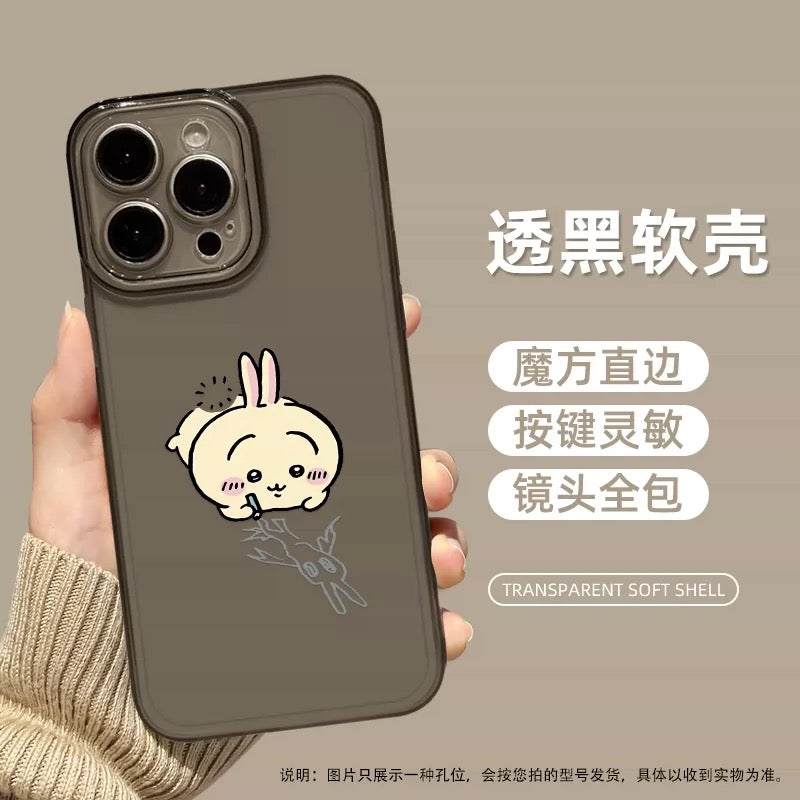 Japanese Cartoon ChiiKawa Black Clear Case | Chiikawa Hachiware Usagi Drawing on Floor - iPhone Case PLUS SE2 XS XR X 11 12 13 14 15 16 16e 17 17e Pro Promax 12mini 13mini