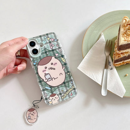 Japanese Cartoon ChiiKawa Laser Phone Case with Strap | Retro Plaid Rakko Kurimanju Shisa Furuhonya - iPhone Case PLUS SE2 11 12 13 14 15 16 16e 17 17e Pro Promax 12mini 13mini