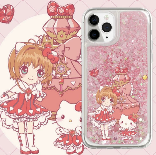 Japanese Anime CardCaptorSakura Sakura Hello Kitty White Cat - Pink Heart Glitter QuickSand iPhone Case 6 7 8 PLUS SE2 XS XR X 11 12 13 14 15 Pro Promax 12mini 13mini