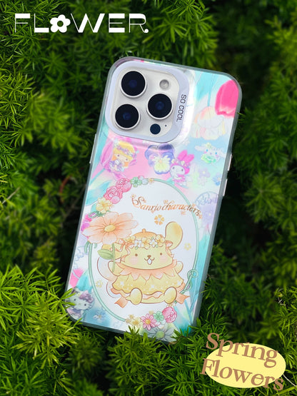 Japanese Cartoon Sanrio Spring Flower Fairy | Hello Kitty My Melody Kuromi Cinnamoroll Pompompurin Hangyodon Laser Silver - iPhone Case 11 12 13 14 15 16 16e Pro Promax - KawaiiGiftLand
