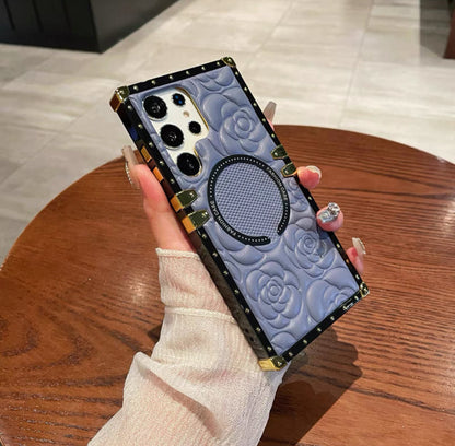 Vintage Style Magnetic Phone Case | Camellia Flower White Black Blue Orange Pink Brown - Phone Case Samsung Galaxy S24 S23 S22 Ultra KawaiiGiftLand