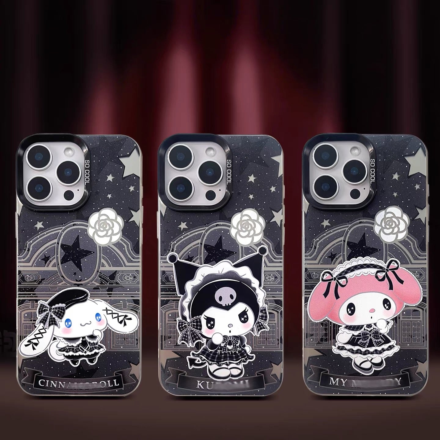 Japanese Cartoon ChiiKawa Black Winter Classic Dress Up Laser Case | Hello Kitty Little Twin Stars My Melody Kuromi Cinnamoroll Hangyodon Bad Badtz Maru 7 Styles - iPhone Case 11 12 13 14 15 16 16e 17 17e Pro Promax 
