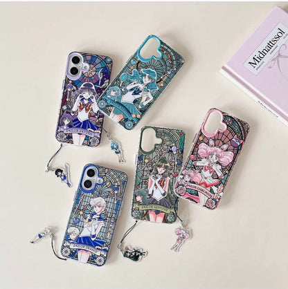 Japanese Cartoon Sailor Moon Phone Case with Strap Comic Version | Laser Glass Window Sailor Uranus Neptune Pluto Saturn Chibi Moon - Phone Case Samsung Galaxy S26 S25 S24 S23 S22 S21 FE Ultra Edge