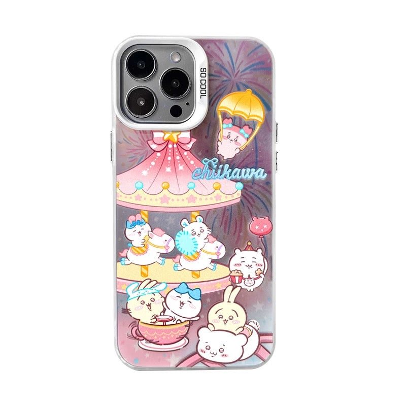 Japanese Cartoon ChiiKawa | Amusement Park Firework Starry Night ChiiKawa Hachiware Usagi Merry Go Round Laser - iPhone Case 11 12 13 14 15 16 Pro Promax