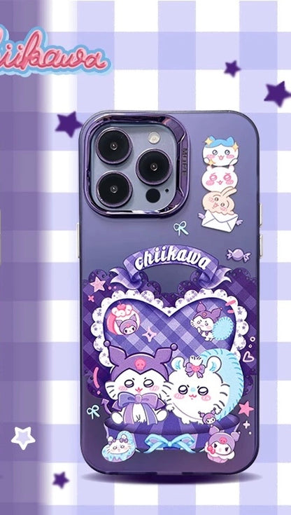 Japanese Cartoon ChiiKawa | Sweet Heart with Chiikawa My Melody Hachiware Hello Kitty Usagi Pompompurin Momonga Kuromi Laser - iPhone Case 11 12 13 14 15 16 Pro Promax