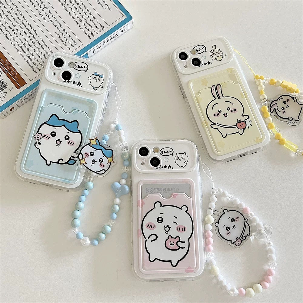 Japanese Cartoon Chiikawa | ChiiKawa Hachiware Usagi Happy Outing with Card Holder & Handle Strap - iPhone Case 11 12 13 14 15 16 17 Pro Promax