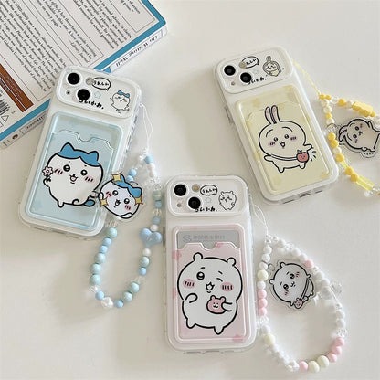 Japanese Cartoon Chiikawa | ChiiKawa Hachiware Usagi Happy Outing with Card Holder & Handle Strap - iPhone Case 11 12 13 14 15 16 17 Pro Promax