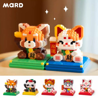 Mini Block Building Block Lucky Good Fortune with Cover | Cat Panda Red Panda - 3D Puzzle Micro Tiny Particle Assembly DIY Handmade Children Gift