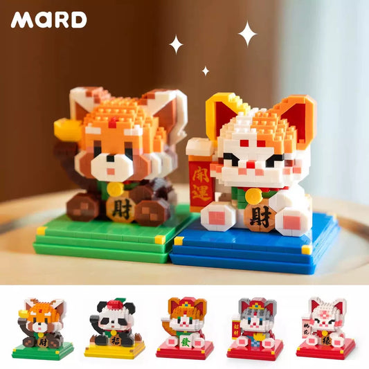 Mini Block Building Block Lucky Good Fortune with Cover | Cat Panda Red Panda - 3D Puzzle Micro Tiny Particle Assembly DIY Handmade Children Gift