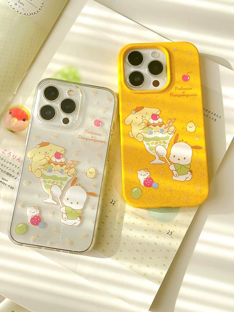 Japanese Cartoon Sanrio Pompompurin & Pochacco Pudding Ice Cream Desert - iPhone Case 12 13 14 15 Pro Promax