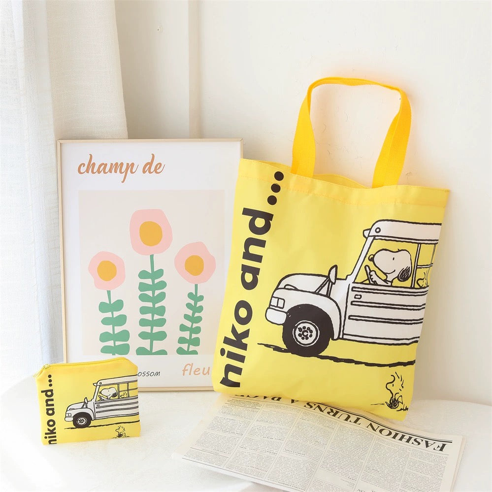 Cartoon Design Cute White Dog and Friends Fold Up Tote Bag | Sky Blue Red Yellow Green School Bus Sunglasses - Kawaii Little Bag