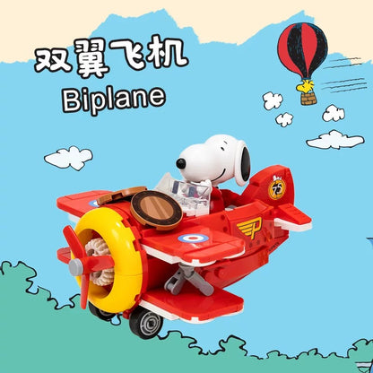 Pan Tasy x Peanut Go to Where Series | Biplane School Bus Steam Boat Roadster - Lovely Dog and Yellow Birds Building Blocks Toy Collections