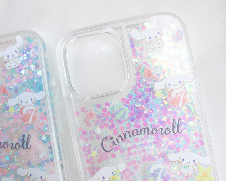 Japanese Cartoon Cinnamoroll Shells - Silver Pink Heart Glitter QuickSand iPhone Case 6 7 8 PLUS SE2 XS XR X 11 12 13 14 15 Pro Promax 12mini 13mini