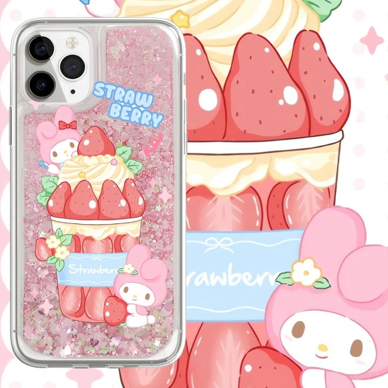 Japanese Cartoon My Melody Ice Cream Cup -  Pink Glitter QuickSand iPhone Case 6 7 8 PLUS SE2 XS XR X 11 12 13 14 15 Pro Promax 12mini 13mini