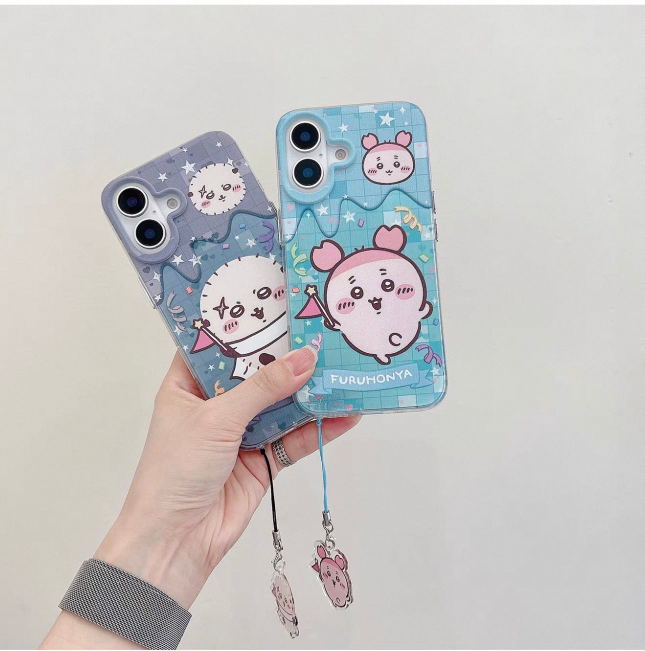 Japanese Cartoon ChiiKawa iPhone Laser Case with Strap | Happy Party Rakko Kurimanju Shisa Furuhonya - iPhone Case PLUS SE2 11 12 13 14 15 16 16e 17 17e Pro Promax 12mini 13mini