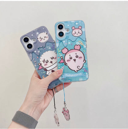Japanese Cartoon ChiiKawa iPhone Laser Case with Strap | Happy Party Rakko Kurimanju Shisa Furuhonya - iPhone Case PLUS SE2 11 12 13 14 15 16 16e 17 17e Pro Promax 12mini 13mini