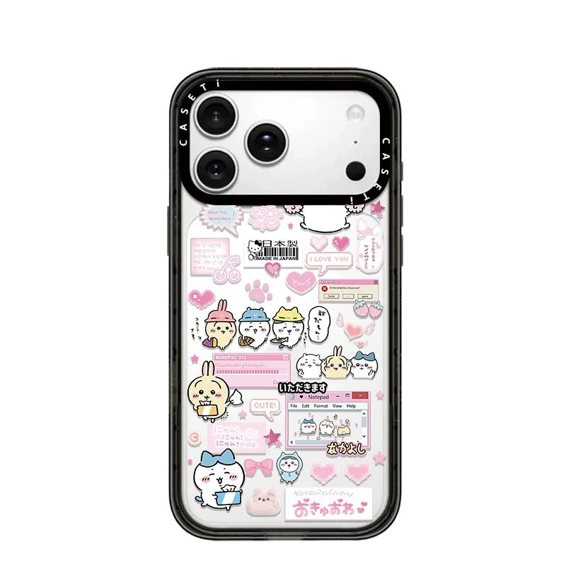 Japanese Cartoon ChiiKawa Transparent Black Frame & Mirror Phone Case | Fun Daily with Heart Version - iPhone Case 12 13 14 15 16 17 Pro Promax