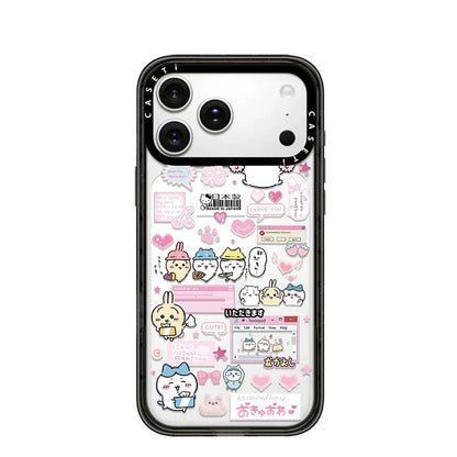 Japanese Cartoon ChiiKawa Transparent Black Frame & Mirror Phone Case | Fun Daily with Heart Version - iPhone Case 12 13 14 15 16 17 Pro Promax