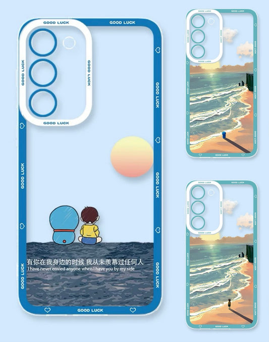Japanese Cartoon Blue Robot Cat | Doreamon & Nobita Nobi with Sea & Coastal - Phone Case Samsung Galaxy S26 S25 S24 S23 S22 S21 FE Ultra Edge